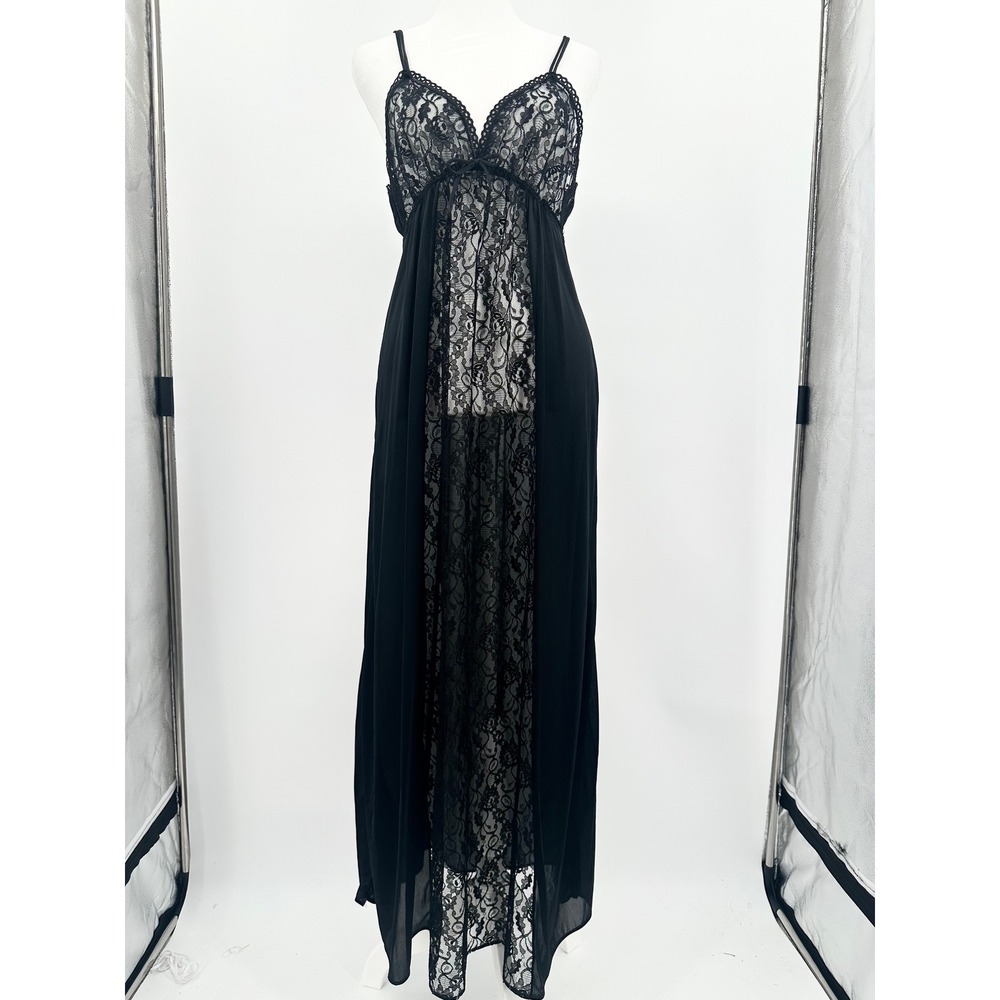 Vintage Black Lace Sheer Maxi Nightgown Empire Waist Bow Made in USA Medium